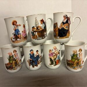 Vintage Norman Rockwell 7 White Ceramic Mugs with Authenticity Seal